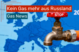 Grafik mit einem geschlossenen Gasventil vor einer Europakarte. Am roten Absperrgriff steht ‚STOP‘. Darüber befindet sich die Überschrift ‚Kein Gas mehr aus Russland‘ sowie der Hinweis ‚Gas News‘