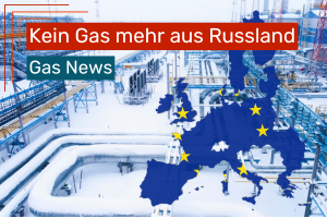 Grafik mit einer verschneiten Pipeline Anlage und einer Europakarte im Hintergrund. Darüber steht ‚Kein Gas mehr aus Russland‘ sowie der Hinweis ‚Gas News‘