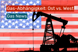 Das Bild zeigt die schwarze Silhouette einer Ölförderpumpe („Pumpjack“) vor einer auf eine Backsteinwand gemalten US-Flagge. Die Darstellung vermittelt Themen wie amerikanische Ölproduktion, Energiepolitik, fossile Brennstoffe oder die US-Energieindustrie.